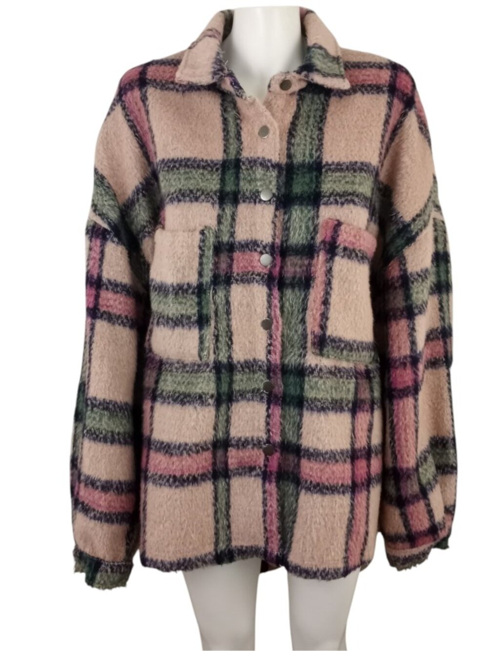 POL Shirt Jacket Shacket Pink Green Plaid sz L Oversized Button Up Long Sleeve